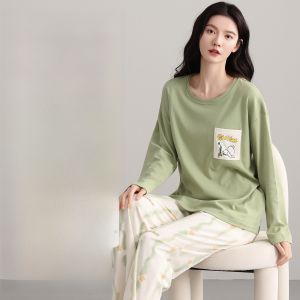 MiiOW | Pure Cotton Nightgown Womens Long Sleeve Home Clothes Set Outwear Cat Person Casual Style Round Neck Nightgown Home Clothes