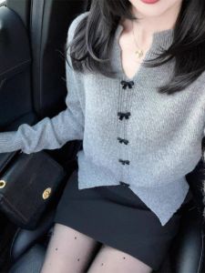 HUOLISI | French Style Grey V-Neck Bow Knit Sweater