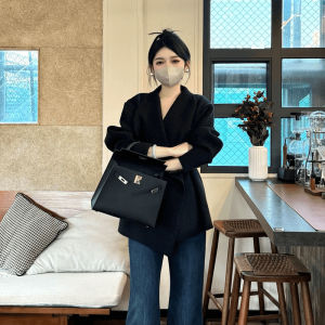 BINKAFENNY | Elegant Black Knitted Jacket Womens Autumn Winter Waist-Cinching Asymmetrical Mid-Length Top Fashionable Commute Style