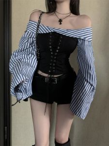 GUZILIAN | Blue Striped Loose Fit Shoulder Baring Shirt Womens Autumn Style Casual Streetwear Lazy Girl Design Hot Trend Short Sleeve