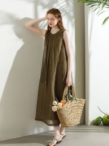 Miccbeirn | Spring Summer New Elegant Long Knee-Length Sleeveless Womens Dress Coffee Color Linen Blend High-End Shiny Midi Dress