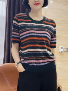 QINGNAER | Stripe Contrasting Soft Summer New Oversized Knit T-shirt