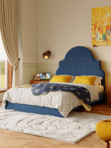 French Vintage Childrens Bed Boy Small Apartment Mid-century Style Blue Baby Velvet Solid Wood Fabric Bed Girl Single Bed