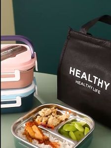 Lunchbox Kotak Makan Siang 3 Sekat Dengan Gagang Stainles Steel 304 Free Sendok Garpu Design Elegant