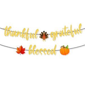 Thankful Grateful Blessed Glitter Banner Pumpkin Maple Leaf Garland for Fall Harvest Thanksgiving Outdoor Party Wall Decor