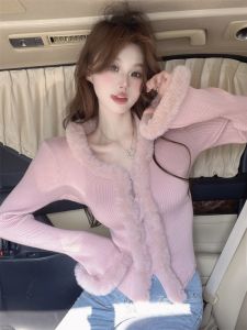 GUZILIAN | Stylish Sweet Solid Color Knitted Open Cardigan Sweater Womens Furry Splice V-neck Design Slim Long Sleeve Top Korean Style