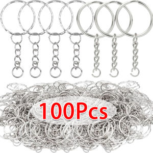 100pcs Silver Plated Metal Blank Keyring / Split Key Ring with Short Chain / DIY Craft Key Chains Accessories for Jewelry Making