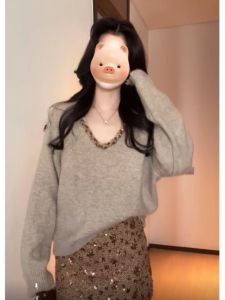 BINKAFENNY | เสื้อสเวตเตอร์คอวีหลวมๆ หนาสำหรับผู้หญิง เสื้อสเวตเตอร์ถักแขนยาวฤดูใบไม้ร่วง/ฤดูหนาว สไตล์ลำลอง เสื้อคลุมกันหนาว