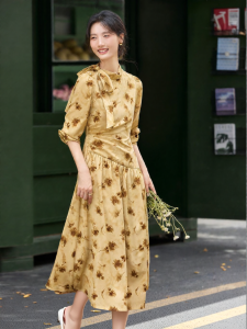 Vimly | Đầm Dài A-line Ôm Phong Cách Pháp Hoa Vàng Retro