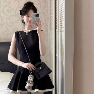 Fujia Qianjin Classic Style Vest Sleeveless Dress Womens Tight Waist Elegant A- line Little Black Dress Puff Short Skirt Summer