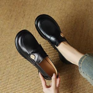 Retro round Toe Thick Bottom Brown Leather Shoes Womens Spring Autumn French Style Chunky Heel Slip-On Fashion Single Shoes