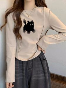 Double-Sided Velvet Warm Top round Neck Long Sleeve Short T-Shirt Womens Arc Bottom Base Shirt Autumn Winter Fishbone Pattern