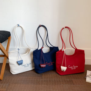 Trendy Canvas Bucket Bag Womens Large Capacity Casual Fashionable Student Letter Tote Bag Soft Handle Korean Style Embroidery