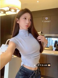 Slim Fit Short Sleeve T-Shirt Half High Collar Base Shirt Womens Fashion Casual Style Pure Color Summer Sweat Wicking