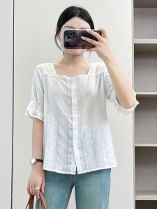 Sainag Womens Cotton Short Sleeve Shirt White Pure Color Casual Korean Style Versatile Sweet Design Student Top