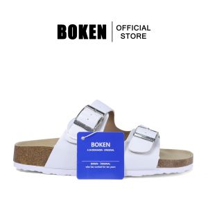 BOKEN Women Flat Sandals Two-Strap Leather Cork Slipper Casual Slip on Shoes White