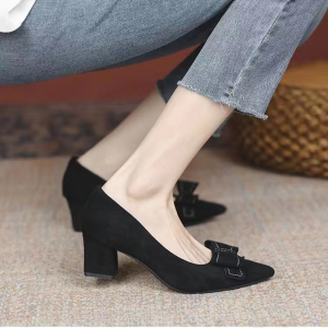 Korean Style Butterfly Knot High Heels Work Shoes Womens Pointed Toe Chunky Heel Fashionable Flat Mouth Single Shoes Black