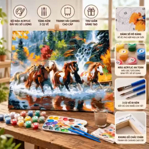 Tranh Tự Tô Đàn Ngựa Bên Thác Nước 55x45cm Kèm Cọ Và Màu