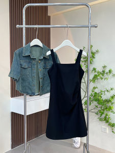 Summer New Retro Casual Style Womens Short Sleeve Denim Jacket And Halter Dress Two-Piece Set High Waist A-Line Skirt