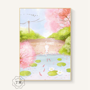 Pink Sakura Cat Childrens Room Wall Art Modern Living Room Decorative Painting Entrance Restaurant Background Picture