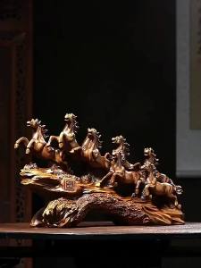 36CM Wood Grain Horse Ornaments Creative Home Decorations Success Right Away Feng Shui Get Rich Lucky Chinese Style Blessing Living Room Creative Crafts TV Cabinet Gift