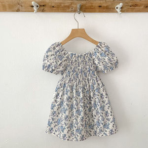 Toddler Girls Floral Princess Dress Little Girl Cotton Short Sleeve Blue Flowers Party Dress Summer Casual Dresses Kids Clothes