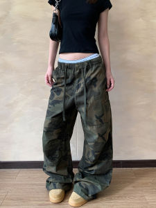 American Style Retro Camouflage Casual Work Pants Womens Loose Straight Leg Elastic Waist Versatile Long Trousers