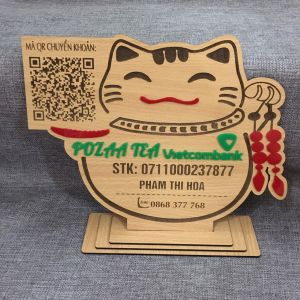 Bảng Gỗ Mèo Thần Tài Tên Shop chữ nổi khắc Mã QR Code Thiết Kế Theo Yêu Cầu