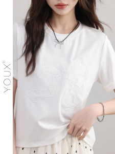 YOUXIANG | Áo Thun Tay Ngắn Trắng Cổ Tròn Thêu Thời Trang