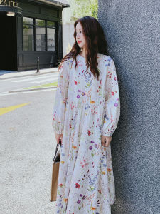 La Chapelle French Lazy Style Long Dress Colorful Print Bubble Sleeve Womens Autumn Fashion Casual Comfortable Polyester Fiber Dress