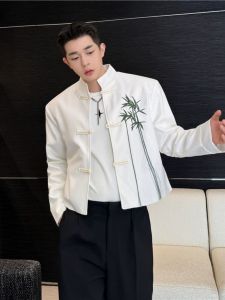 New Chinese Style Short Jacket Mens Spring Season High-End Bamboo Leaf Embroidery Tassel Retro Button up Top Trendy
