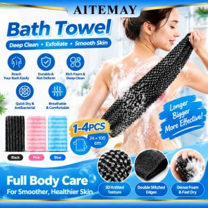 Aitemay Korean Style Long Exfoliating Bath Towel 24x100cm Back Scrubber Cotton Polyester Deep Cleaning Shower Cloth For Smooth Skin