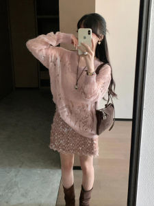 XUECAIQI | All Match Lace Hollow-out Slimming Long Sleeve Shirt Sparkle Skirt Set