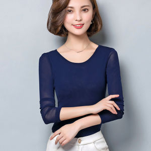 Black Lace Long Sleeve round Neck Mesh Base Shirt Womens Spring Autumn Thin Style T-Shirt Korean Version Commute Pure Color