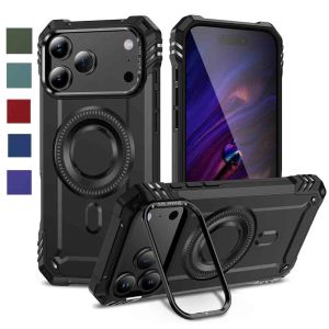 Phone Case for iPhone 17 Pro Max 16 15 14 13 12 Compatible with MagSafe with Metal Stand Magnetic Ring Heavy Duty Rugged Silicone&PC Military Grade Shockproof Protective Cover for Men Boys (black)