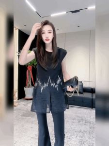 Áo Thun Lưới Ren Không Tay Màu Đen Tròn Cổ Cao Thời Trang Công Sở Mùa Hè Tay Thường Không Tay Áo Thun Lưới Ren Dài Vừa Phải