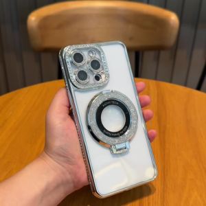 Glitter Folding Magsafe Stand Rhinestone Plating Side Soft Transparent Phone Case For iPhone 16 15 14 Pro Max Plus 16e 13 12 11 Pro Max Luxury Berlian Diamond Phone Cover Magnetic Wireless Charging Phone Casing With Glitter Lens Films Protection