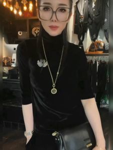 Áo Thun Nhung Tay Ngắn Màu Đen Ôm Vừa Vặn Thời Trang Cho Nữ Cổ Cao Áo Sơ Mi Lót Nhung Cơ Bản Mùa Thu 2022