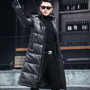 Winter Genuine Leather Trench Coat over the Knee Ultra-Long Leather down Jacket Mens Sheepskin Leather Coat Fur Coat Thickened Outwear Tide