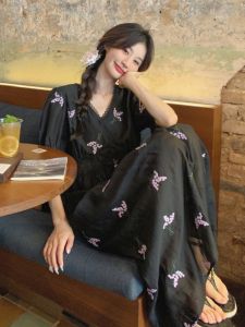 Elegant Black Embroidered A-Line Dress Womens Summer 2025 Stylish Sweet Short Sleeve V-Neck High Waist Korean Style Casual