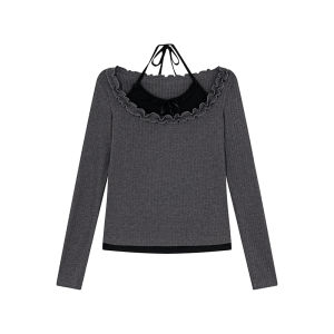 Fake Two-piece Neck-Hung Long Sleeve T-shirt Women Spring Wooden Ear Trim Color Block