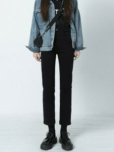 กางเกงยีนส์ทรงตรงสีดำเอวสูงสำหรับผู้หญิง กางเกงขายาวทรงสลิมฟิต 9 จุด เอวยางยืด ผ้าฝ้ายผสมโพลีเอสเตอร์