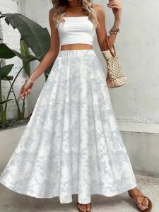 Printed Design Light Blue Sketch Floral Print All-Season Womens Maxi Skirt Casual Elastic Waist A-Line Half Skirt