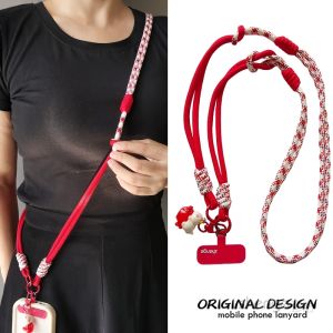 สายสะพายโทรศัพท์แบบถักสีแดงและสีขาว สายสะพายข้างแบบสามทาง สายรัดรูปตัวอักษรแบบยุ่งเหยิงสำหรับผู้หญิง เครื่องประดับโทรศัพท์มือถือแบบใหม่
