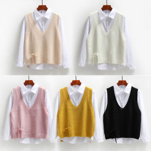 เสื้อกั๊กถักแขนกุดคอวีหลวมๆ สำหรับผู้หญิง ฤดูใบไม้ผลิและฤดูใบไม้ร่วง เสื้อคลุมกันหนาวแบบสวมหัว ผ้าฝ้ายผสมโพลีเอสเตอร์