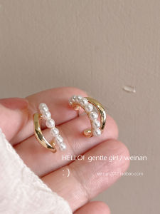 Double Layer C Circle Pearl Mosquito Coil Tray Earrings Versatile Jewelry Fashionable Commuting Allergy Free Alloy Plated Gold