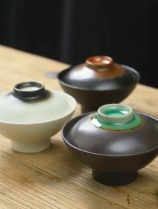 🔥Ready Stock🔥 Japanese-Style High Foot Bowl with Cover [6.2"inch] (Green/Black/White) Ceramic Dinnerware Tableware Bowl