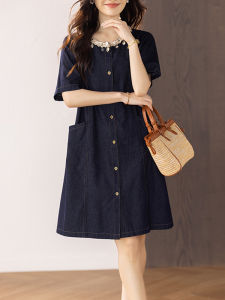 Summer 2025 New Style Womens A-Line Denim Dress Elegant Short plus Size High Waist Button Decoration Casual Commute Dress