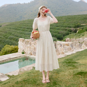 XIANGYING | White Heavily Embroidered French Style Belted Maxi Dress