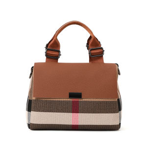 A new style Boston bag for women in 2024 which is a brown classic plaid handbag with an adjustable shoulder strap. It is casual fashionable and can be used as a cross  body or single  shoulder bag.